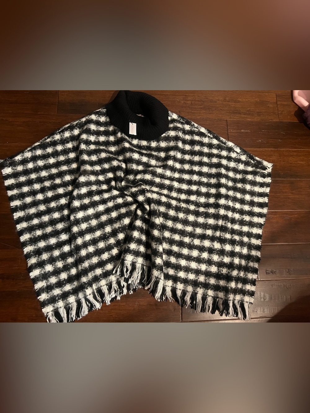 Chico's Black & White Plaid Turtleneck Fringe Poncho Sweater